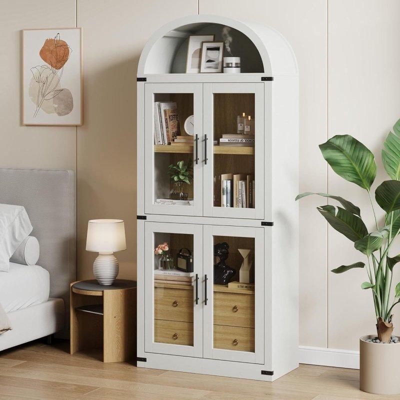 Doğal Ahşap MDF Kemerli Çekmeceli Cam Kapaklı Kitaplık - 183x76x41 cm - 239185