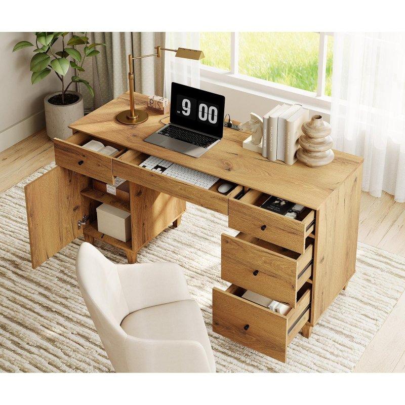 Doğal Ahşap MDF ve Masif Ahşap Şarj İstasyonlu 5 Çekmeceli Ofis Masası - 148 cm - 326327