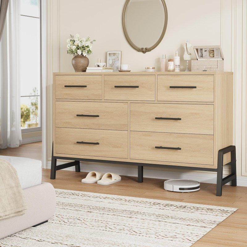 Doğal Ahşap Meşe MDF 7 Çekmeceli Şifonyer - 133x41x82 cm - 296382