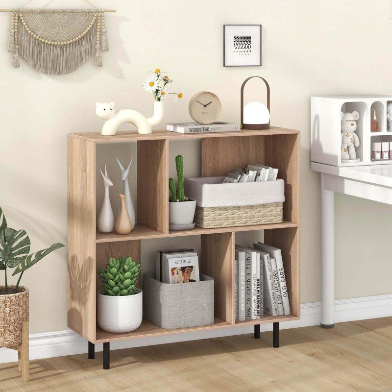 Doğal Ahşap Metal Ayaklı 4 Küp Raflı Modern Kitaplık - 91x31x91 cm - 317256
