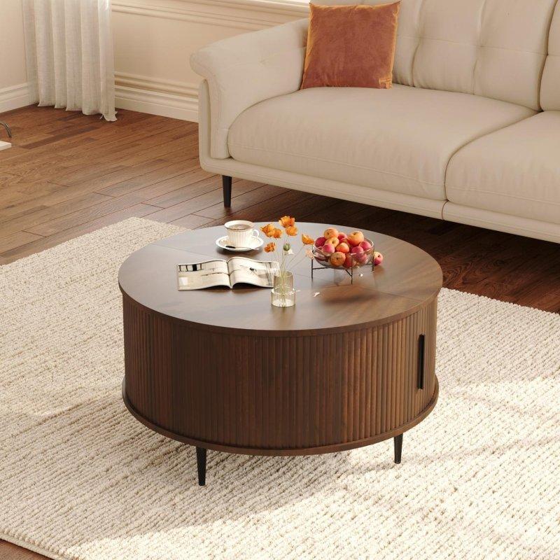 Doğal Ahşap Metal Ayaklı Asansörlü Depolama Alanlı Yuvarlak Akıllı Sehpa - 81 cm - 253785