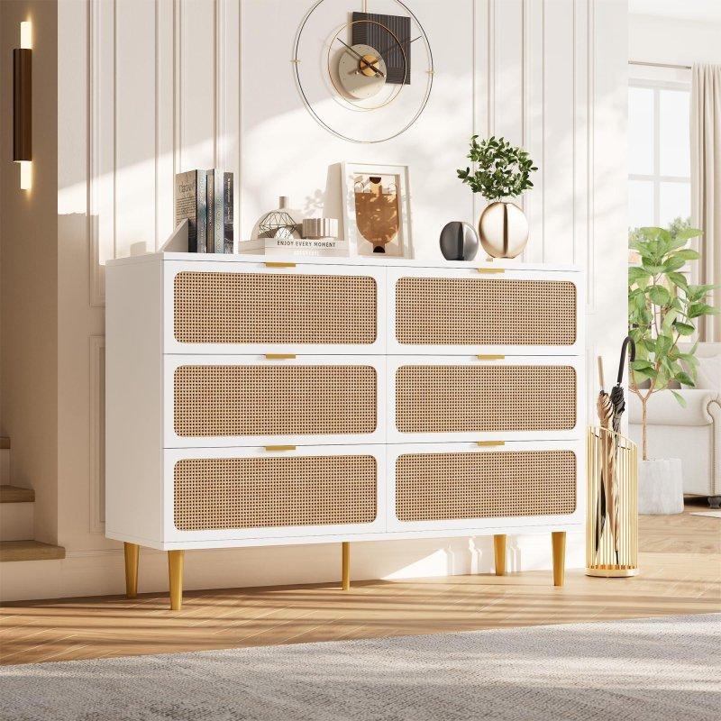 Doğal Ahşap Rattan 6 Çekmeceli Metal Ayaklı Şifonyer - 303825