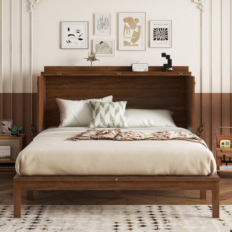Doğal Ahşap Rattan Çekmeceli ve Şarj İstasyonlu Duvar Yatağı - 157 cm - 266446