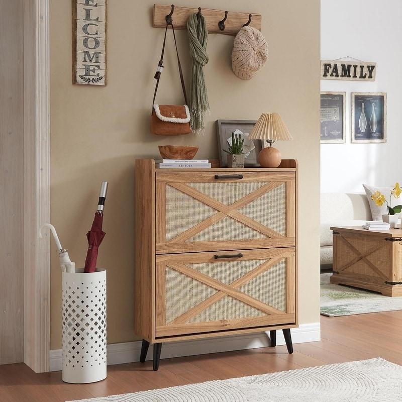 Doğal Ahşap Rattan Kapaklı İki Çekmeceli Dar Ayakkabı Şifonyeri - 24 cm - 299012