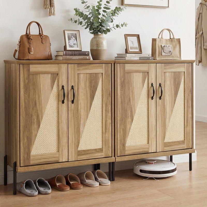 Doğal Ahşap Rattan Kapaklı Metal Ayaklı Çıkarılabilir Raflı MDF Şifonyer - 79x41x94 cm - 298178