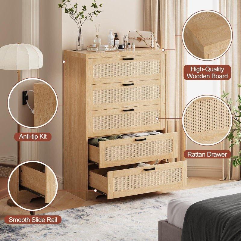 Doğal Ahşap Rattan Kapaklı Prizli 5 Çekmeceli MDF Şifonyer - 81x120 cm - 305670