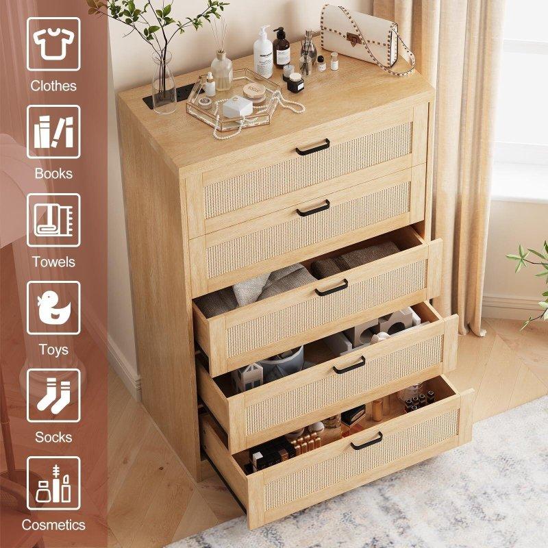 Doğal Ahşap Rattan Kapaklı Prizli 5 Çekmeceli MDF Şifonyer - 81x120 cm - 305670