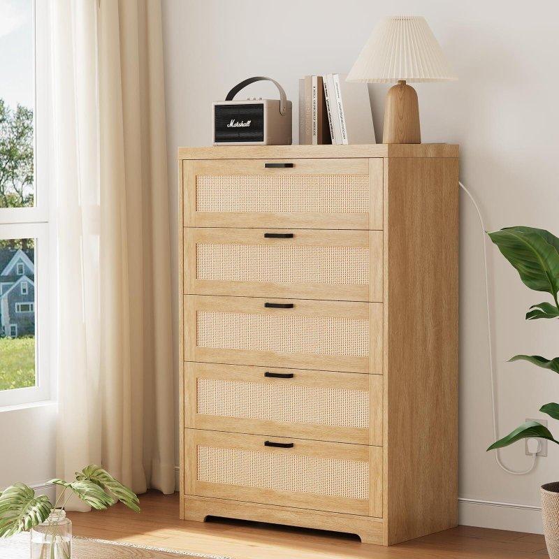 Doğal Ahşap Rattan Kapaklı Prizli 5 Çekmeceli MDF Şifonyer - 81x120 cm - 305670