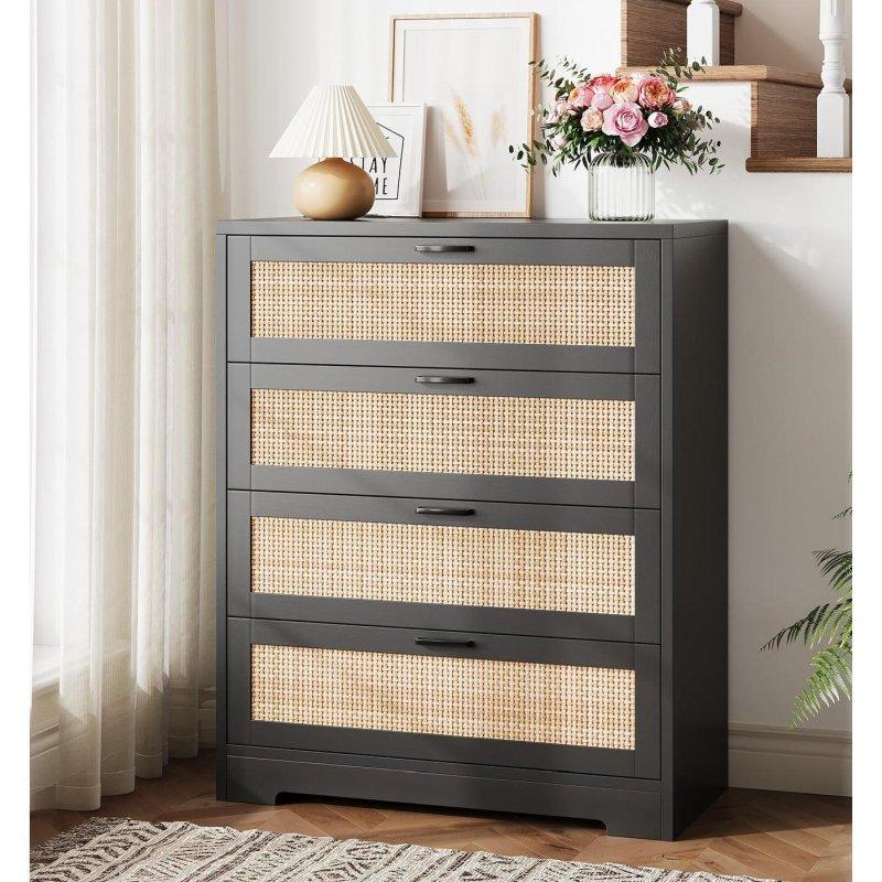 Doğal Ahşap Rattan Prizli 4 Çekmeceli Şifonyer - 80x41x98 cm - 309227