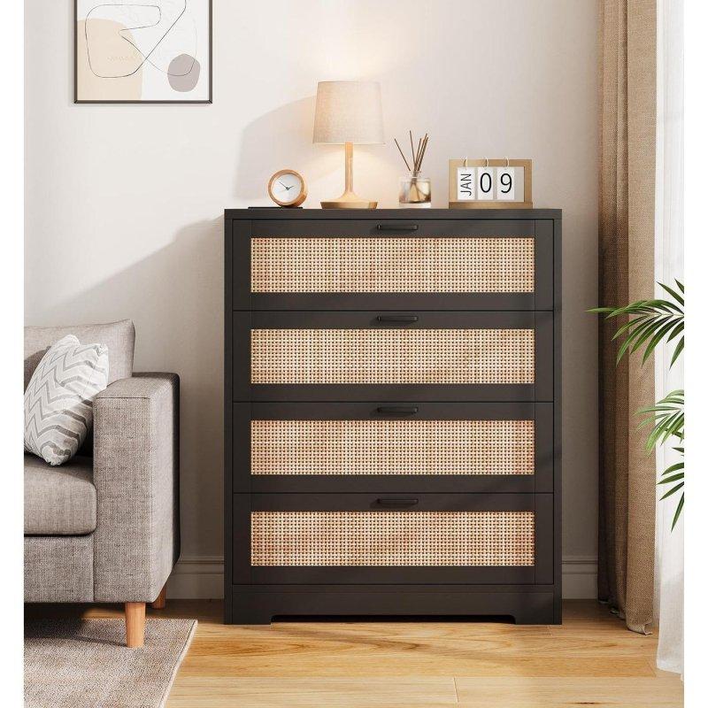 Doğal Ahşap Rattan Prizli 4 Çekmeceli Şifonyer - 80x41x98 cm - 309227