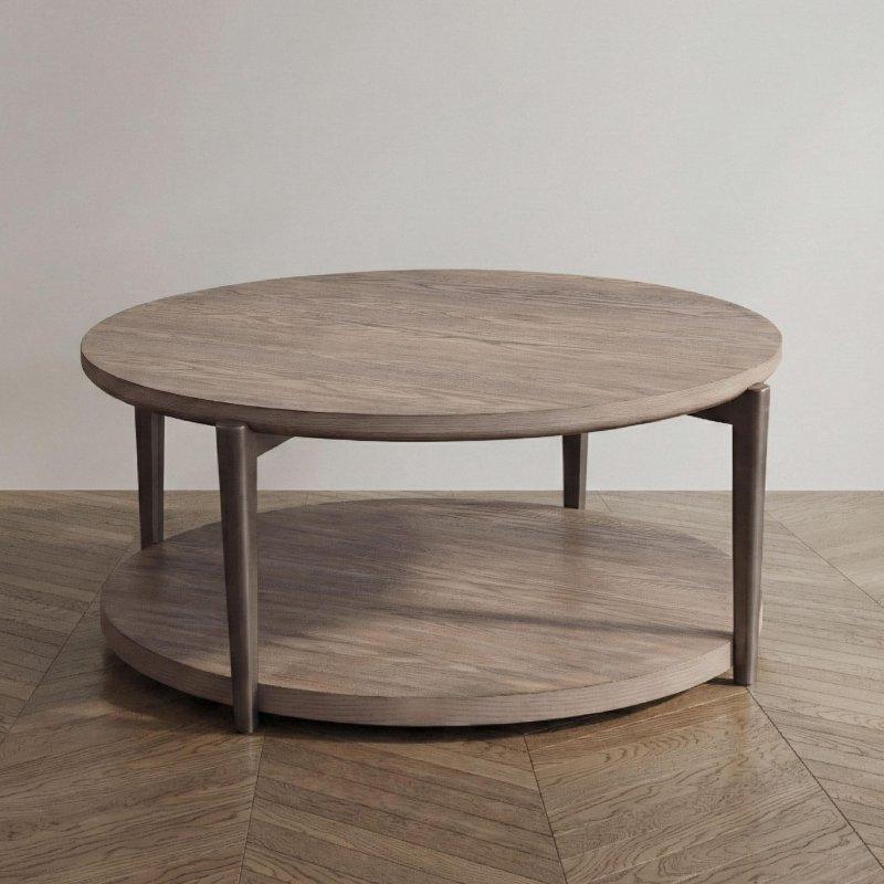Doğal Ahşap Rengi Kauçuk Ağacı ve Metal Tekerlekli Raflı Yuvarlak Orta Sehpa - 110 cm - 243151