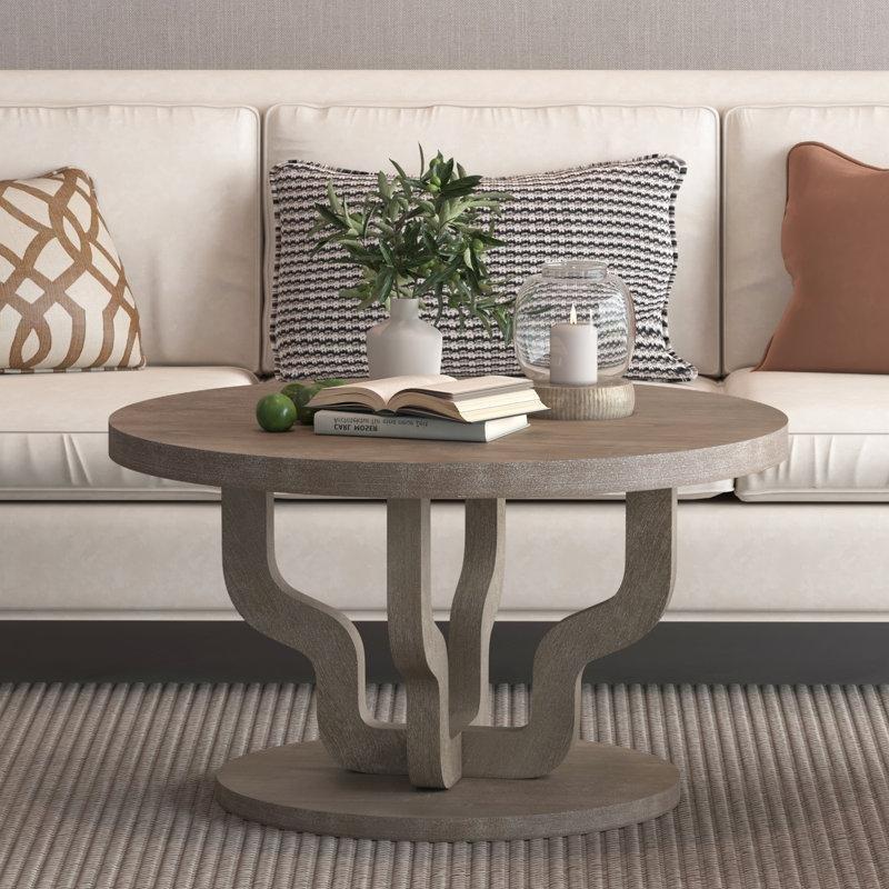 Doğal Ahşap Rengi Masif ve MDF El Yapımı Kaide Ayaklı Yuvarlak Orta Sehpa - 81 cm - 244618
