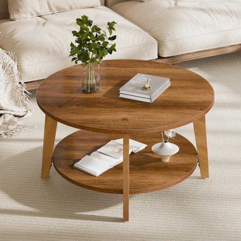 Doğal Ahşap Rengi Masif ve MDF Raflı Yuvarlak Orta Sehpa - 81 cm - 245558