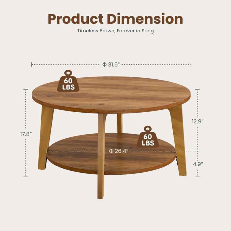 Doğal Ahşap Rengi Masif ve MDF Raflı Yuvarlak Orta Sehpa - 81 cm - 245558