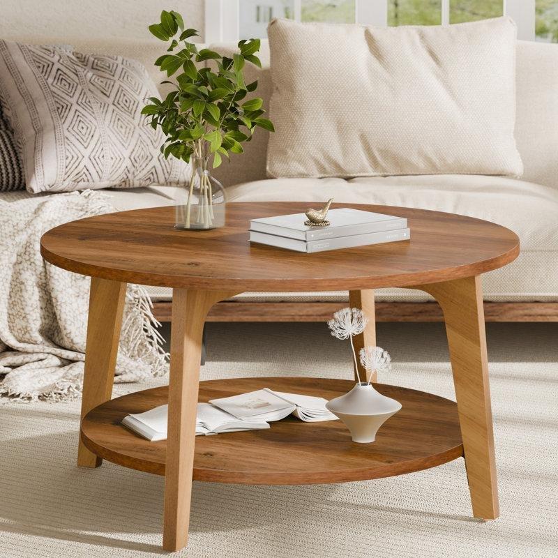 Doğal Ahşap Rengi Masif ve MDF Raflı Yuvarlak Orta Sehpa - 81 cm - 245558
