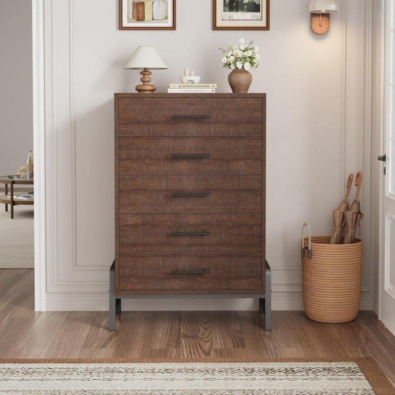 Doğal Ahşap Rengi MDF 5 Çekmeceli Yüksek Ayaklı Şifonyer - 76x40x129 cm - 310272