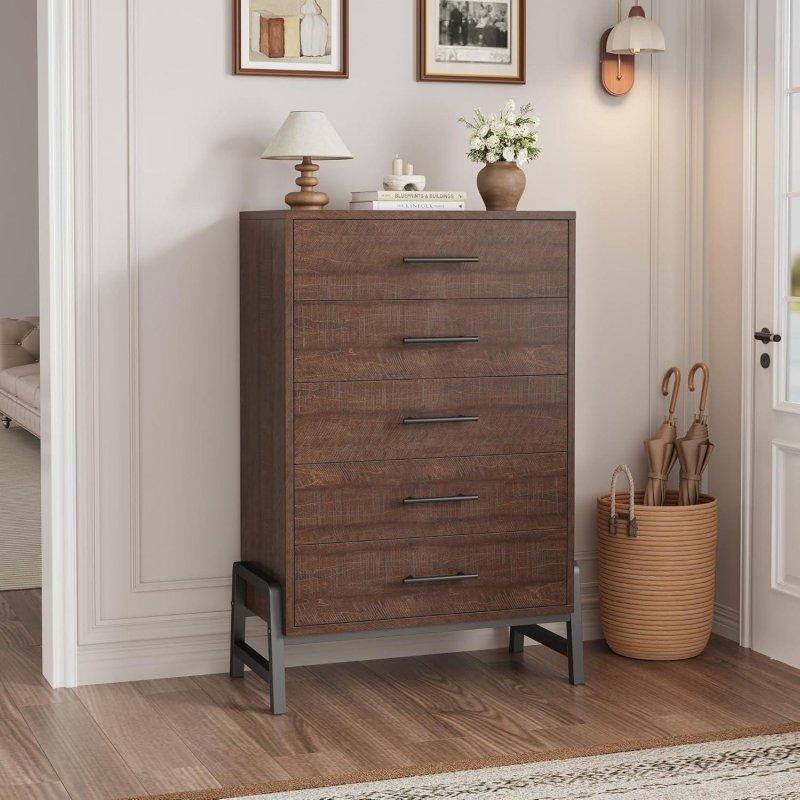 Doğal Ahşap Rengi MDF 5 Çekmeceli Yüksek Ayaklı Şifonyer - 76x40x129 cm - 310272