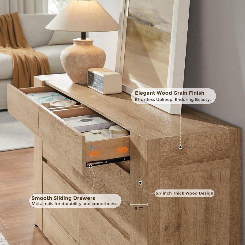 Doğal Ahşap Rengi MDF 6 Çekmeceli Kulpsuz Şifonyer - 139 cm - 300607