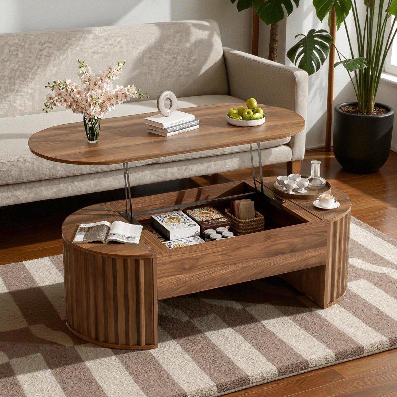 Doğal Ahşap Rengi MDF Kaldırılabilir Tablalı Gizli Bölmeli Oval Akıllı Sehpa - 120 cm - 254754