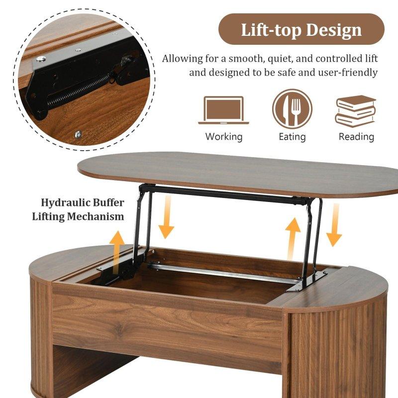 Doğal Ahşap Rengi MDF Kaldırılabilir Tablalı Gizli Bölmeli Oval Akıllı Sehpa - 120 cm - 254754
