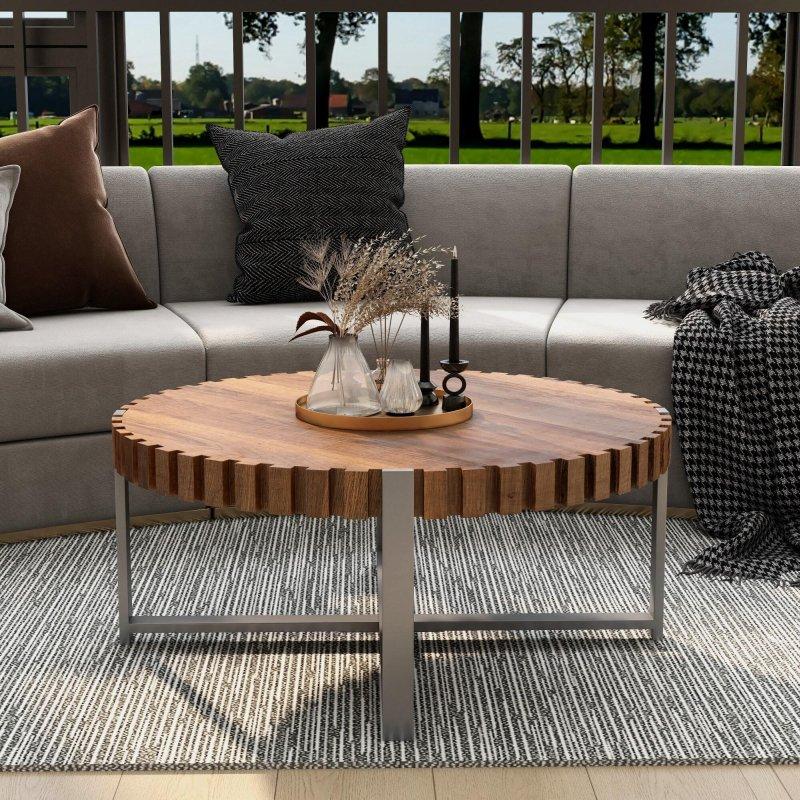 Doğal Ahşap Rengi MDF Rölyefli Tambur Tasarım Yuvarlak Orta Sehpa - 81x36 cm - 239803