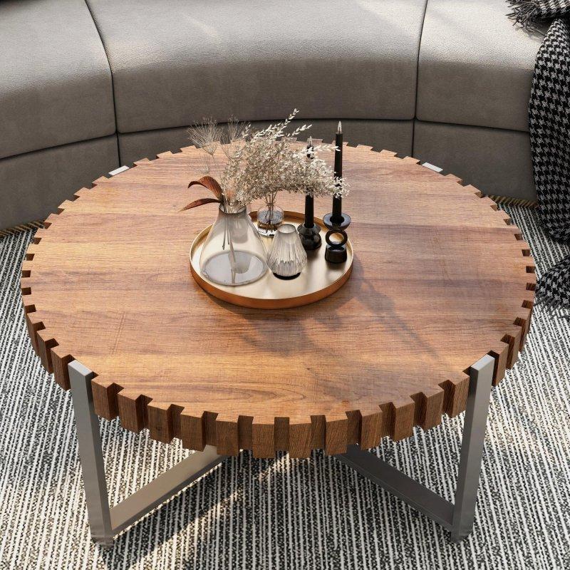 Doğal Ahşap Rengi MDF Rölyefli Tambur Tasarım Yuvarlak Orta Sehpa - 81x36 cm - 239803