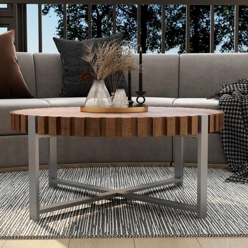 Doğal Ahşap Rengi MDF Tambur Tasarım Yuvarlak Orta Sehpa - 81x36 cm - 240942