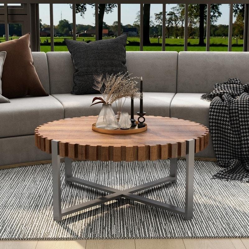 Doğal Ahşap Rengi MDF Tambur Tasarım Yuvarlak Orta Sehpa - 81x36 cm - 240942