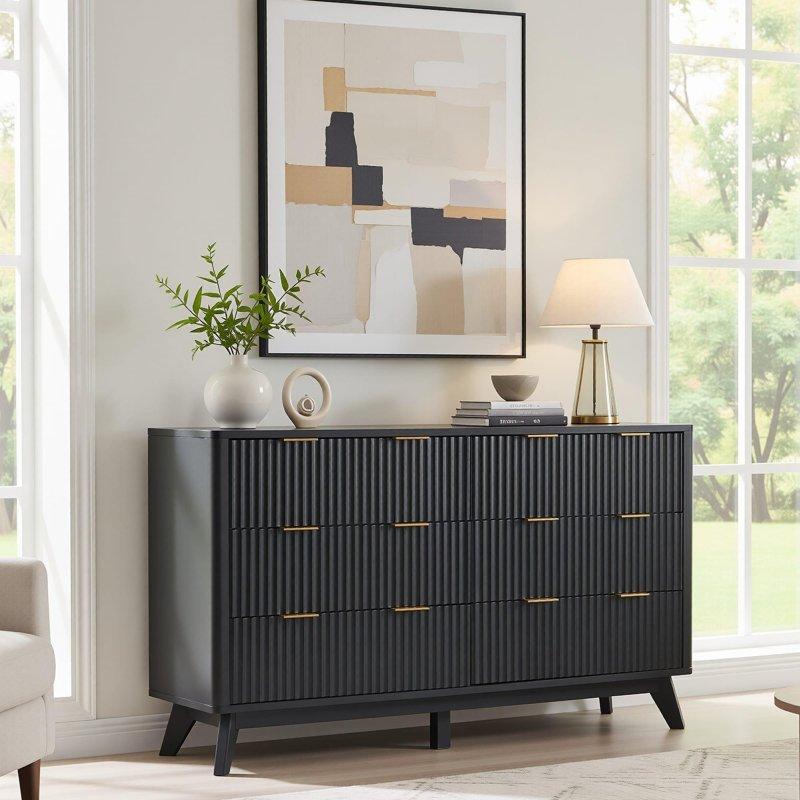 Doğal Ahşap Rengi MDF Yivli 6 Çekmeceli Gold Metal Kulplu Şifonyer - 139x42x83 cm - 295919