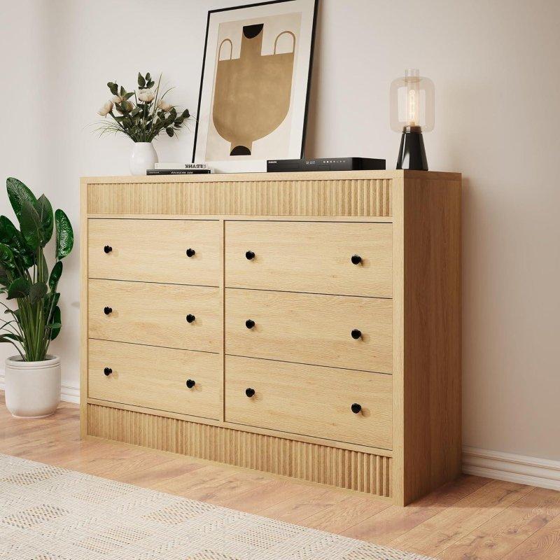 Doğal Ahşap Rengi MDF Yivli 6 Çekmeceli Şifonyer - 120 cm - 310312