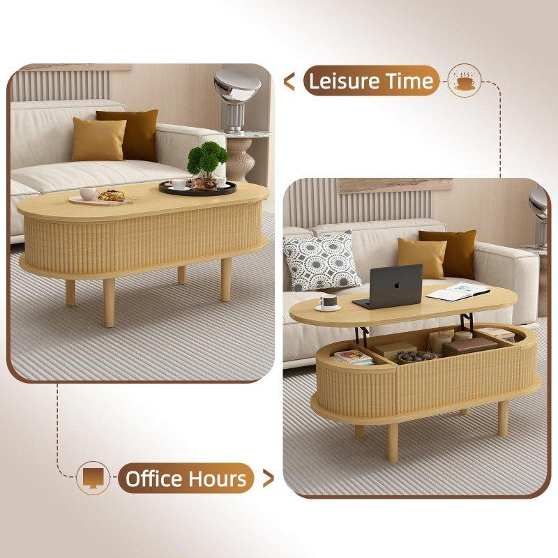 Doğal Ahşap Rengi MDF Yivli Gizli Bölmeli Yükseltilebilir Akıllı Sehpa - 102x74x41 cm - 253882