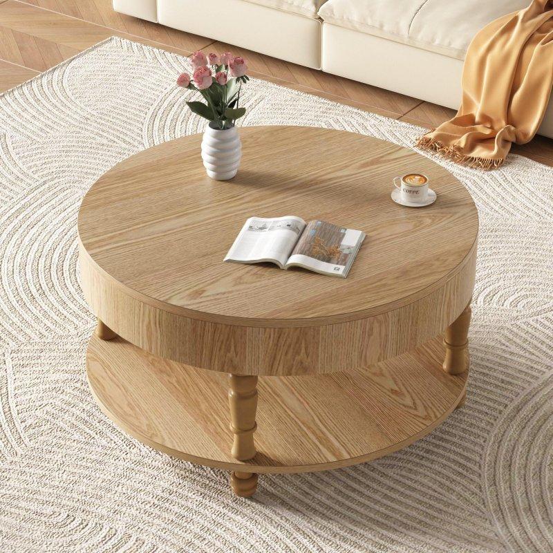 Doğal Ahşap Saklama Alanlı Açılır Tablalı Yuvarlak Orta Sehpa - 81x54 cm - 240484