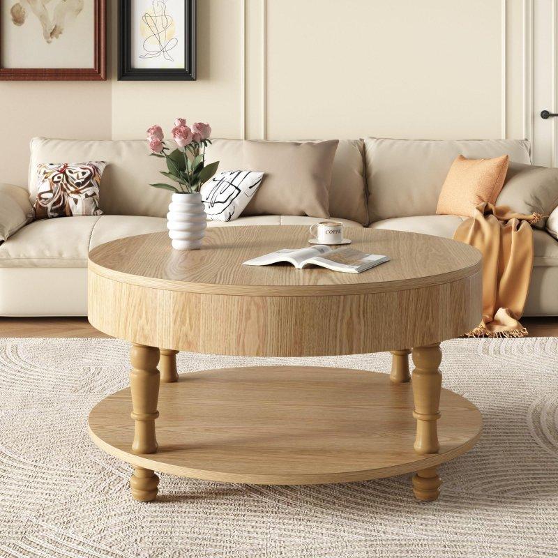 Doğal Ahşap Saklama Alanlı Açılır Tablalı Yuvarlak Orta Sehpa - 81x54 cm - 240484