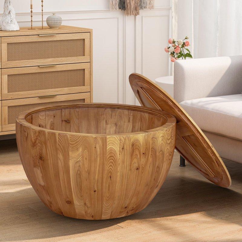 Doğal Ahşap Saklama Alanlı Fıçı Tasarımlı Yuvarlak Orta Sehpa - 81x46 cm - 239796
