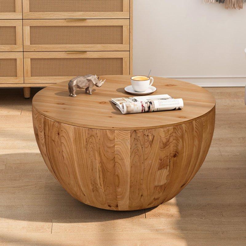 Doğal Ahşap Saklama Alanlı Fıçı Tasarımlı Yuvarlak Orta Sehpa - 81x46 cm - 239796