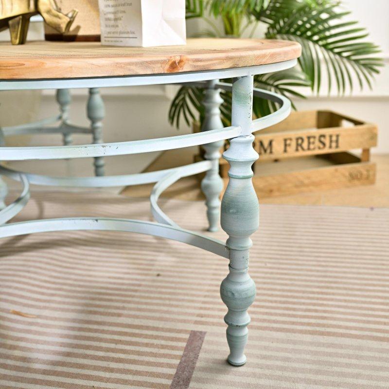 Doğal Ahşap Tabla Metal Ayaklı El Oyması Yuvarlak Orta Sehpa - 81 cm - 240771