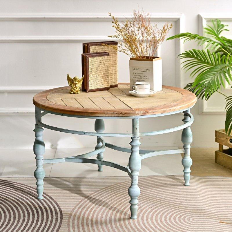 Doğal Ahşap Tabla Metal Ayaklı El Oyması Yuvarlak Orta Sehpa - 81 cm - 240771