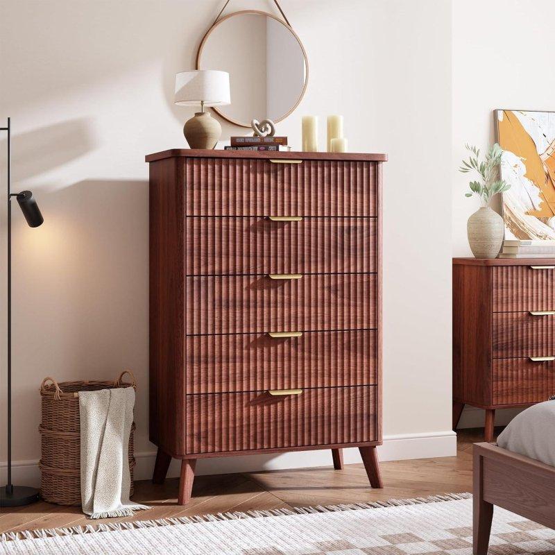 Doğal Ahşap Tonu MDF Yivli Masif Ahşap Ayaklı 5 Çekmeceli Şifonyer - 81x40x120 cm - 304427