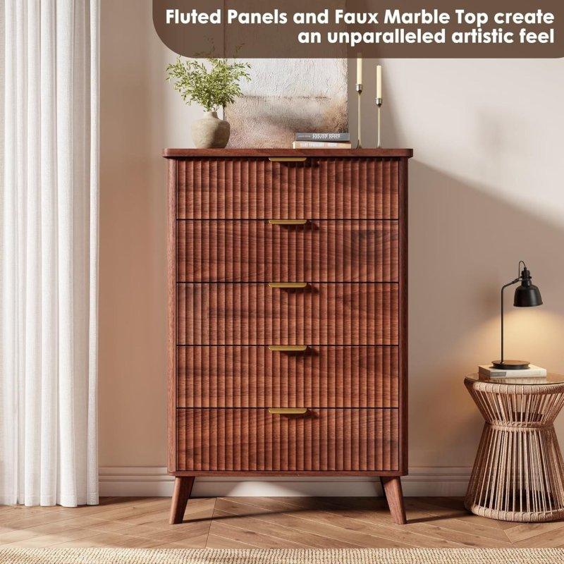 Doğal Ahşap Tonu MDF Yivli Masif Ahşap Ayaklı 5 Çekmeceli Şifonyer - 81x40x120 cm - 304427