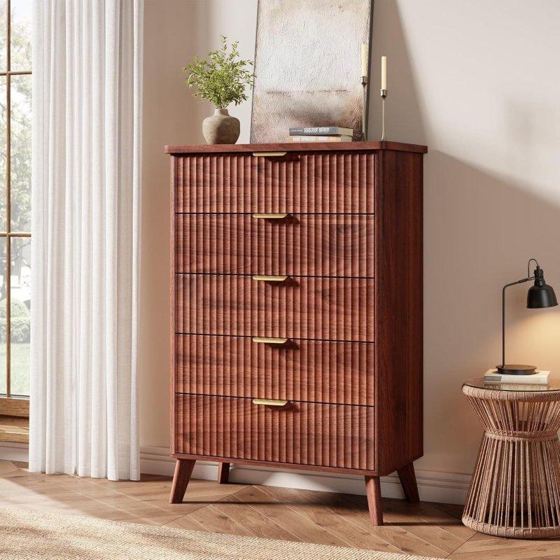 Doğal Ahşap Tonu MDF Yivli Masif Ahşap Ayaklı 5 Çekmeceli Şifonyer - 81x40x120 cm - 304427