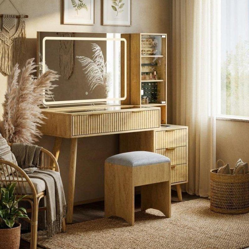Doğal Ahşap ve Beyaz MDF LED Aynalı Cam Tablalı 5 Çekmeceli Prizli Puflu Makyaj Masası - 306065