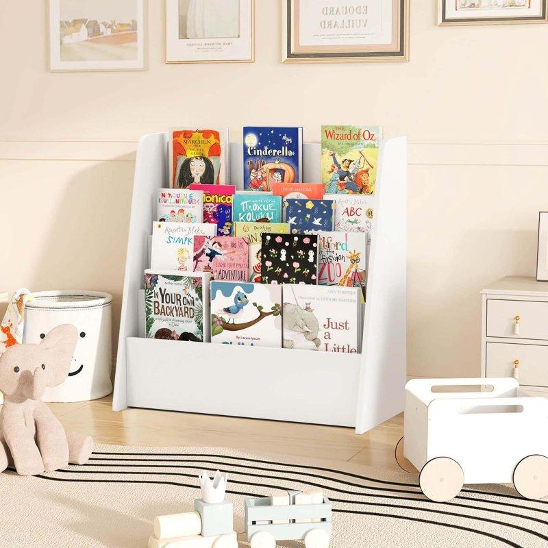 Doğal Ahşap ve Beyaz Renk 4 Raflı Endüstriyel Ahşap Çocuk Kitaplığı - 58x27x59 cm - 318191
