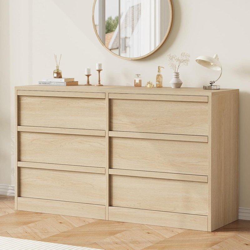 Doğal Ahşap ve Beyaz Renkli MDF 6 Çekmeceli Modern Şifonyer - 119x41x75 cm - 295024