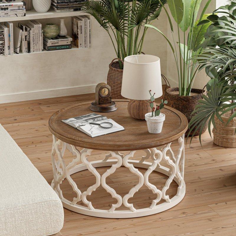 Doğal Ahşap ve Eskitme Beyaz MDF Tepsi Tablalı Yuvarlak Orta Sehpa - 243298