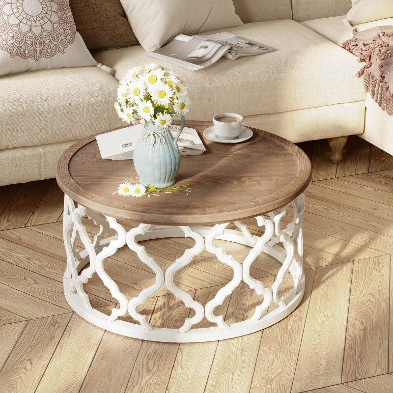 Doğal Ahşap ve Eskitme Beyaz MDF Tepsi Tablalı Yuvarlak Orta Sehpa - 243298