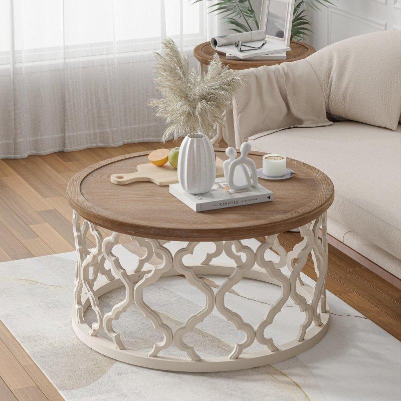 Doğal Ahşap ve Eskitme Beyaz MDF Tepsi Tablalı Yuvarlak Orta Sehpa - 243298