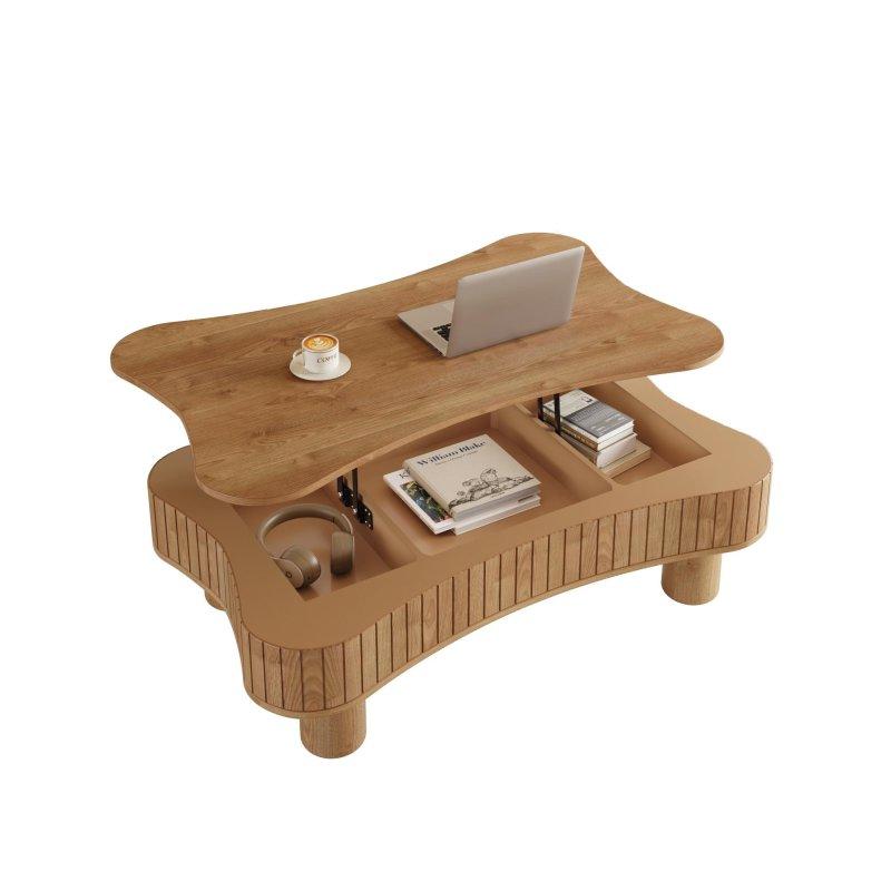 Doğal Ahşap ve MDF Asansörlü Gizli Bölmeli Akıllı Sehpa - 107x69 cm - 253524