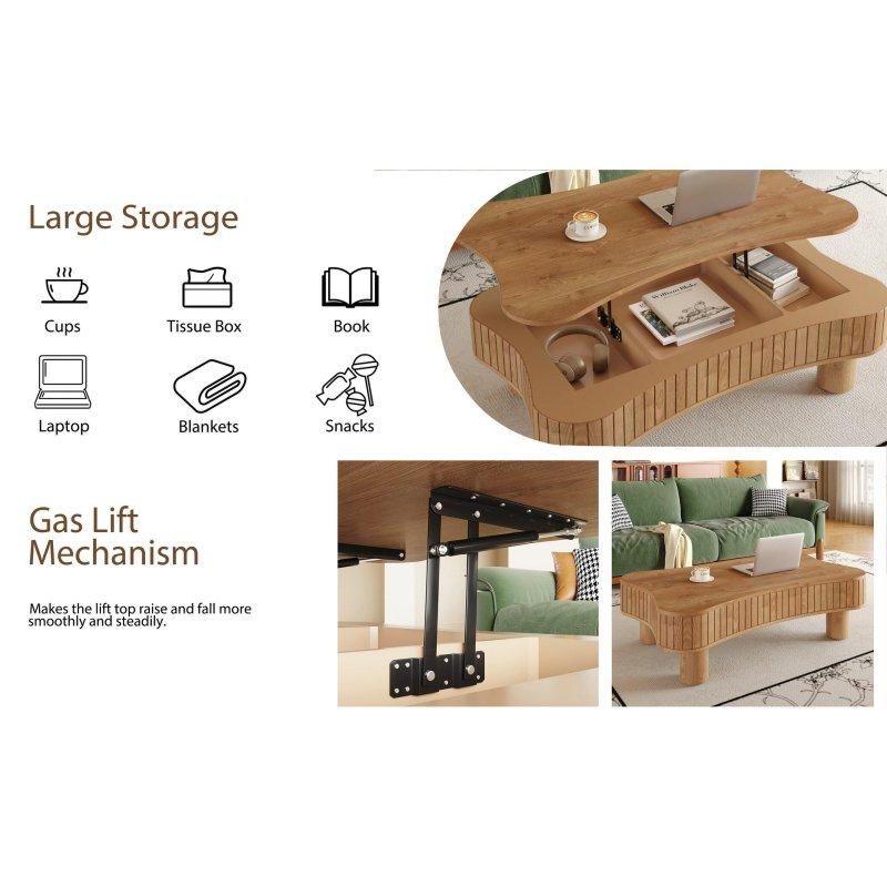 Doğal Ahşap ve MDF Asansörlü Gizli Bölmeli Akıllı Sehpa - 107x69 cm - 253524