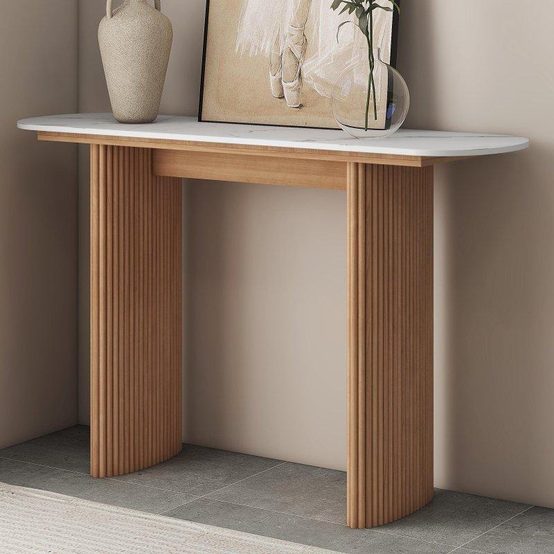 Doğal Ahşap ve Mermer Tabla Yivli Kaideli Oval Dresuar - 120 cm - 332753