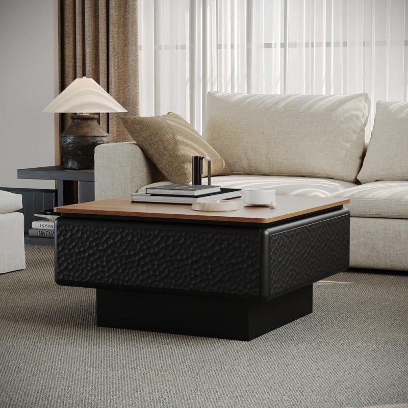Doğal Ahşap ve Siyah Kalkar Tablalı Gizli Depolamalı Akıllı Sehpa - 81x81x42 cm - 253395
